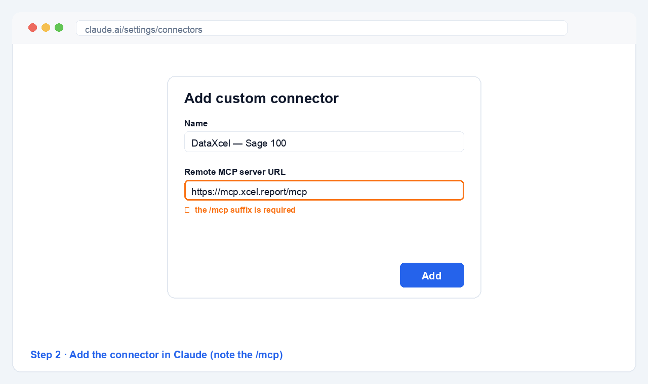 Step 2 — Claude Add custom connector dialog with the mcp.xcel.report/mcp URL filled in