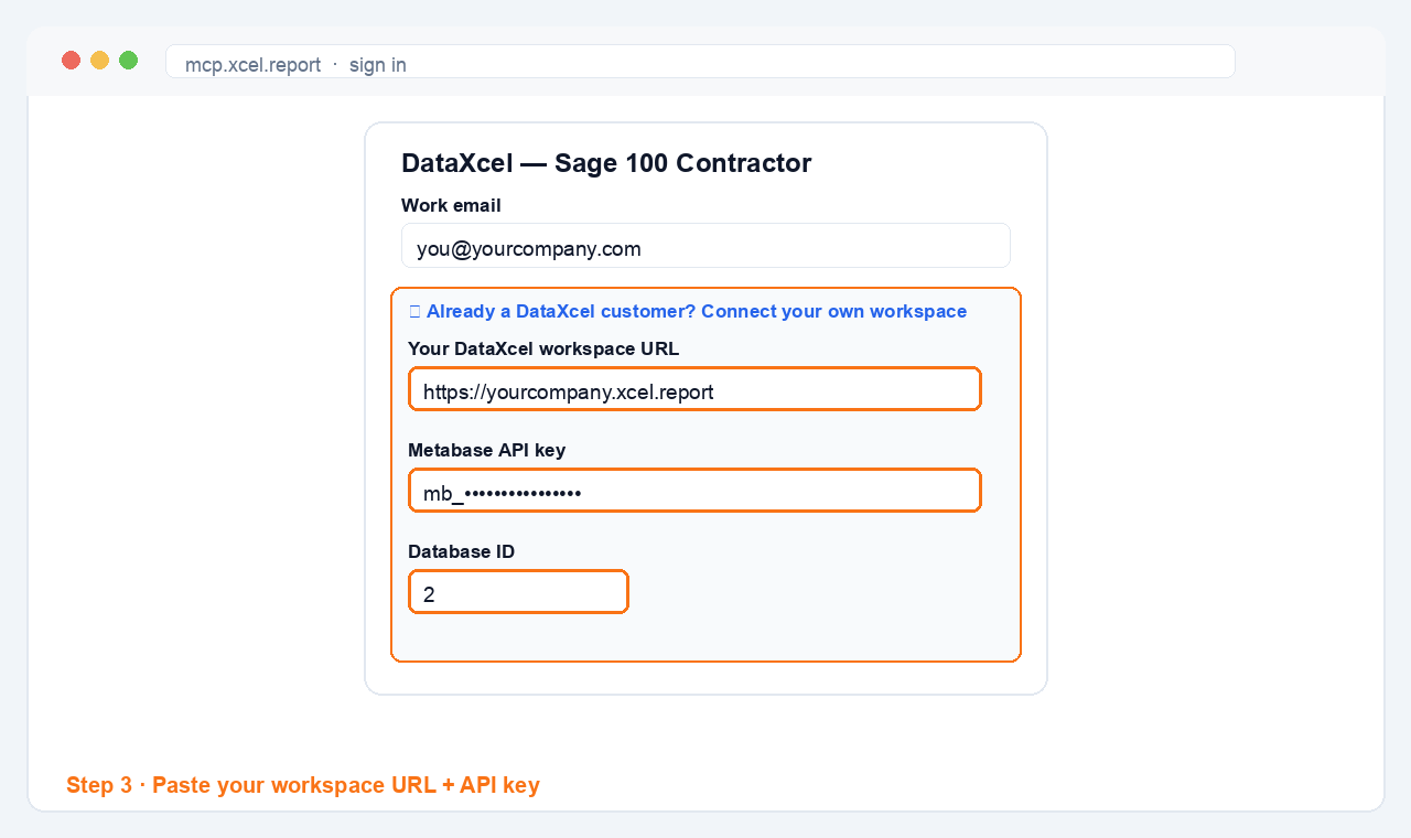 Step 3 — DataXcel connector sign-in form with the Connect your own workspace section expanded