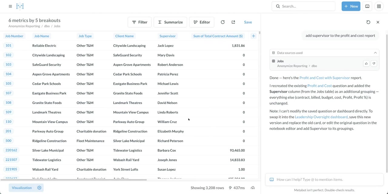 Asking the AI to add a supervisor column to an existing profit and cost report, and getting it back rebuilt